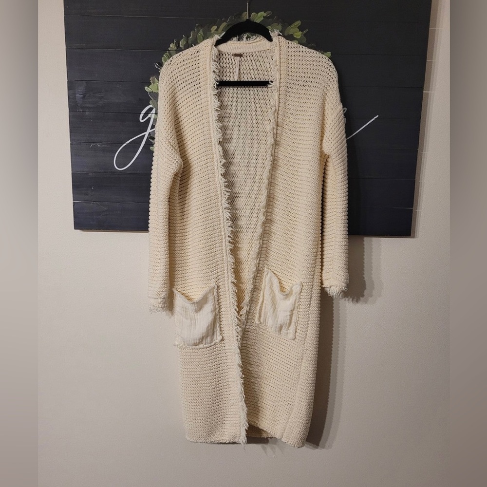 Free People Wouldn't Knit be Nice Longline Raw Hem Pocket Boho Sweater Size Med